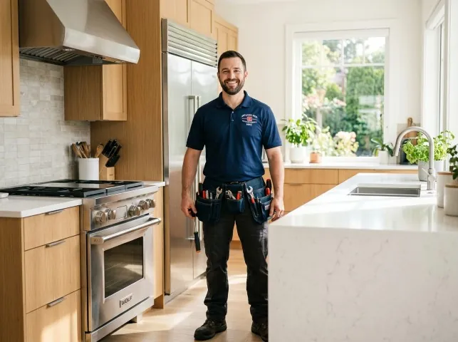 Appliance Repair Hero technician in a Brighton, MA kitchen after an appliance repair