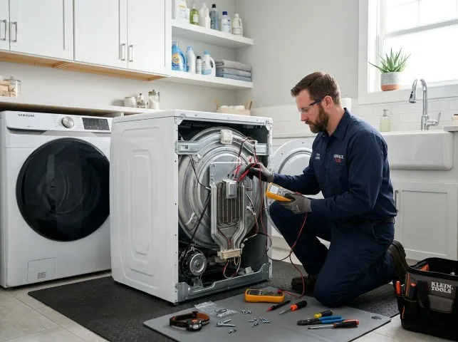Appliance Repair Hero technician checking a dryer heating element with the rear panel off in Brighton, MA
