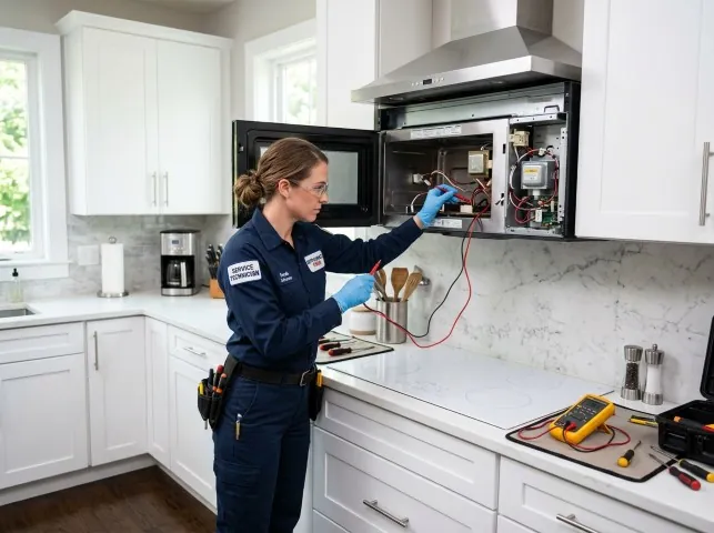 Appliance Repair Hero technician testing an over-the-range microwave in a Brighton, MA kitchen