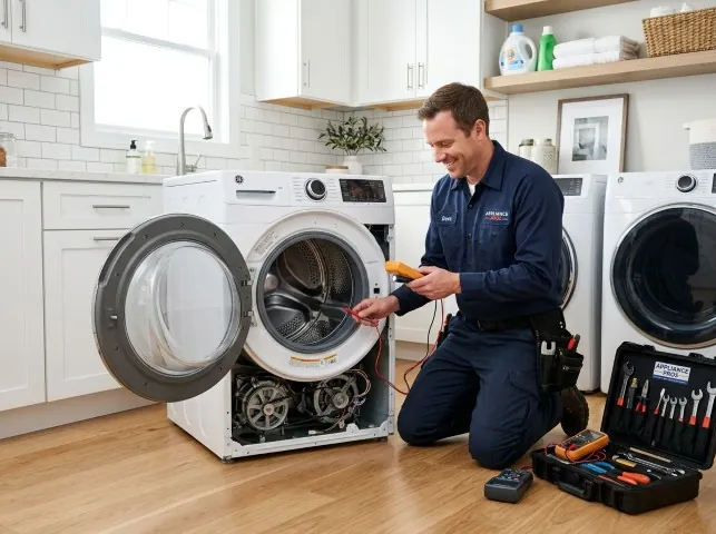 Appliance Repair Hero technician testing a front-load washer with a multimeter on a Brighton, MA service call